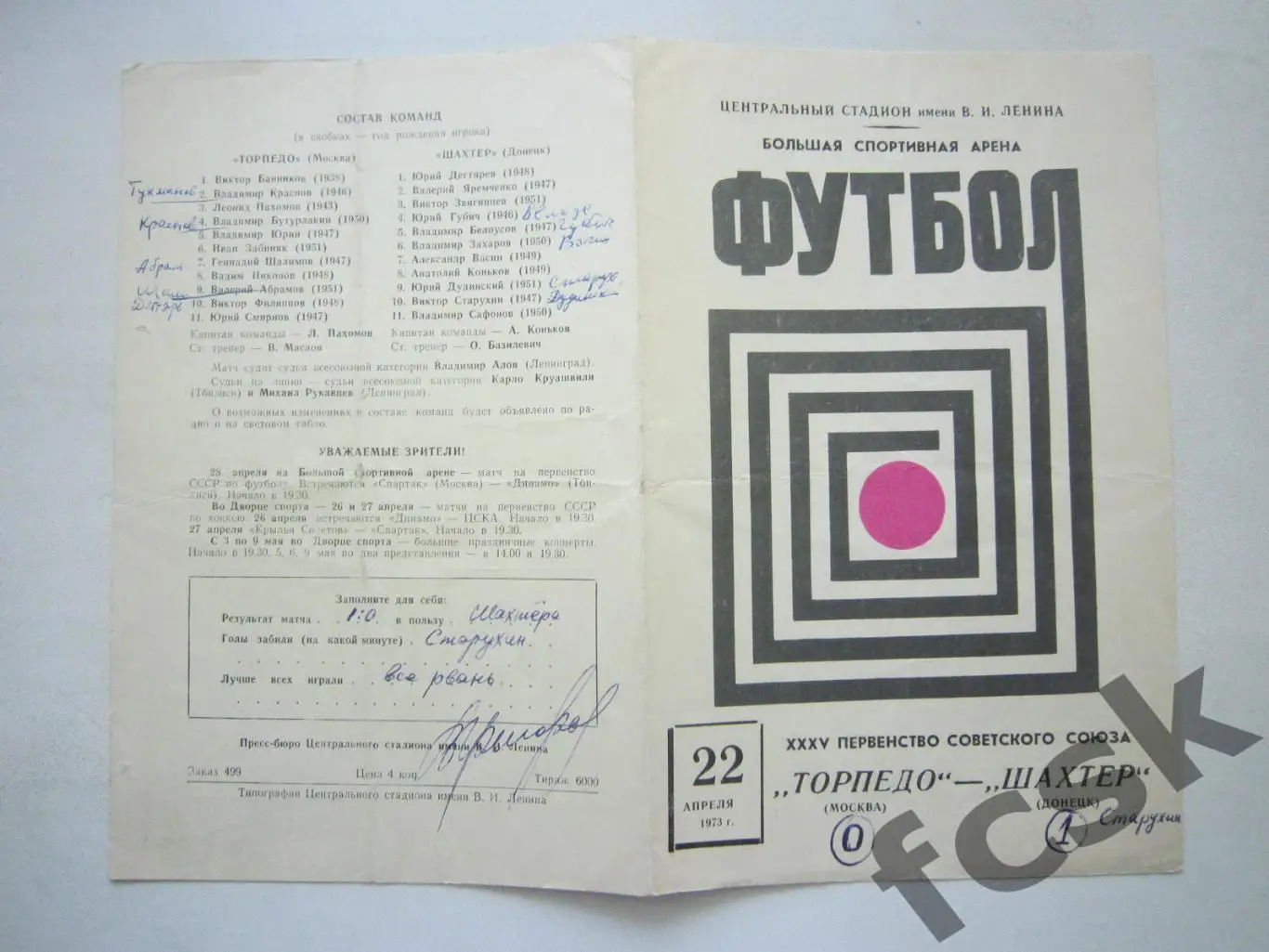 Торпедо Москва - Шахтер Донецк 22.04.1973 (*)