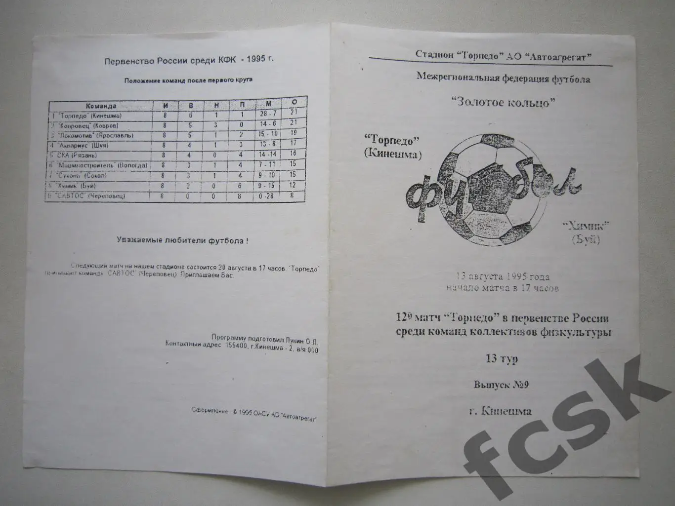 Торпедо Кинешма - Химик Буй 13.08.1995 МФФ Золотое кольцо