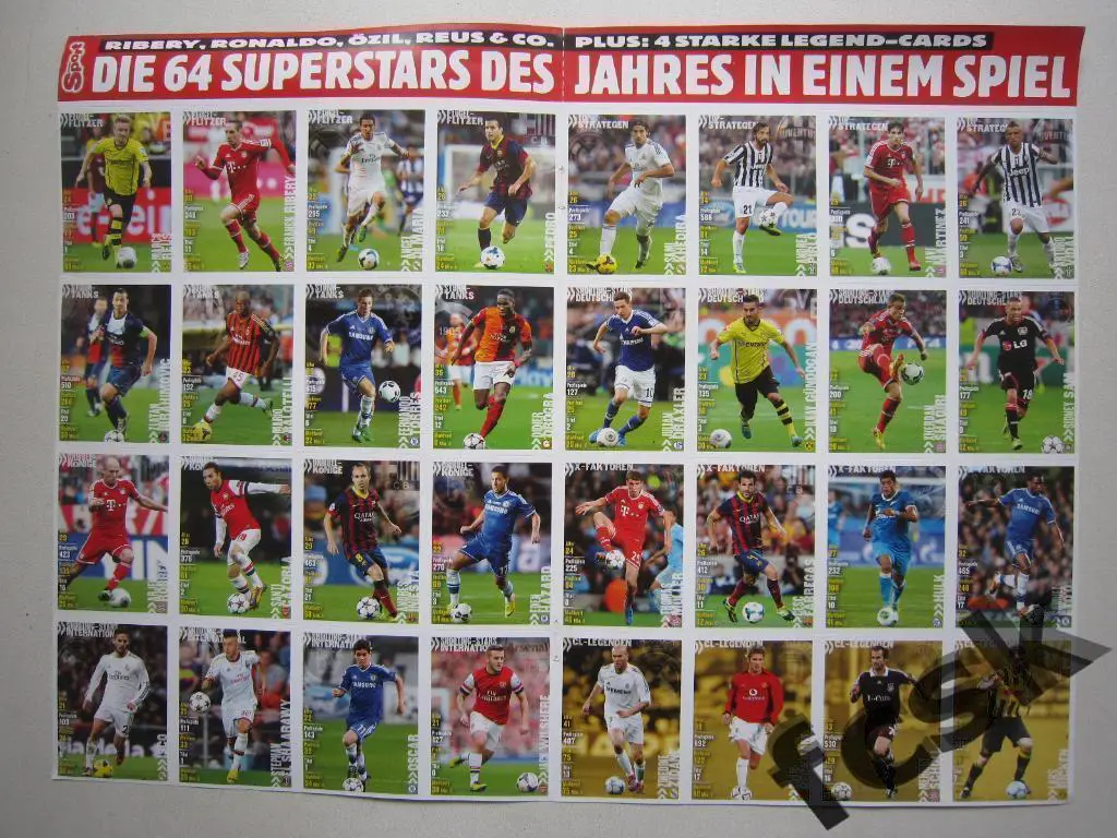 Лист карточек суперзвезд 2013 года от журнала Bravo sport. 32 карточки.