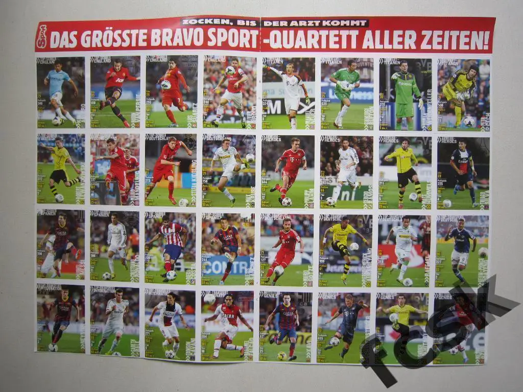 Лист карточек суперзвезд 2013 года от журнала Bravo sport. 32 карточки