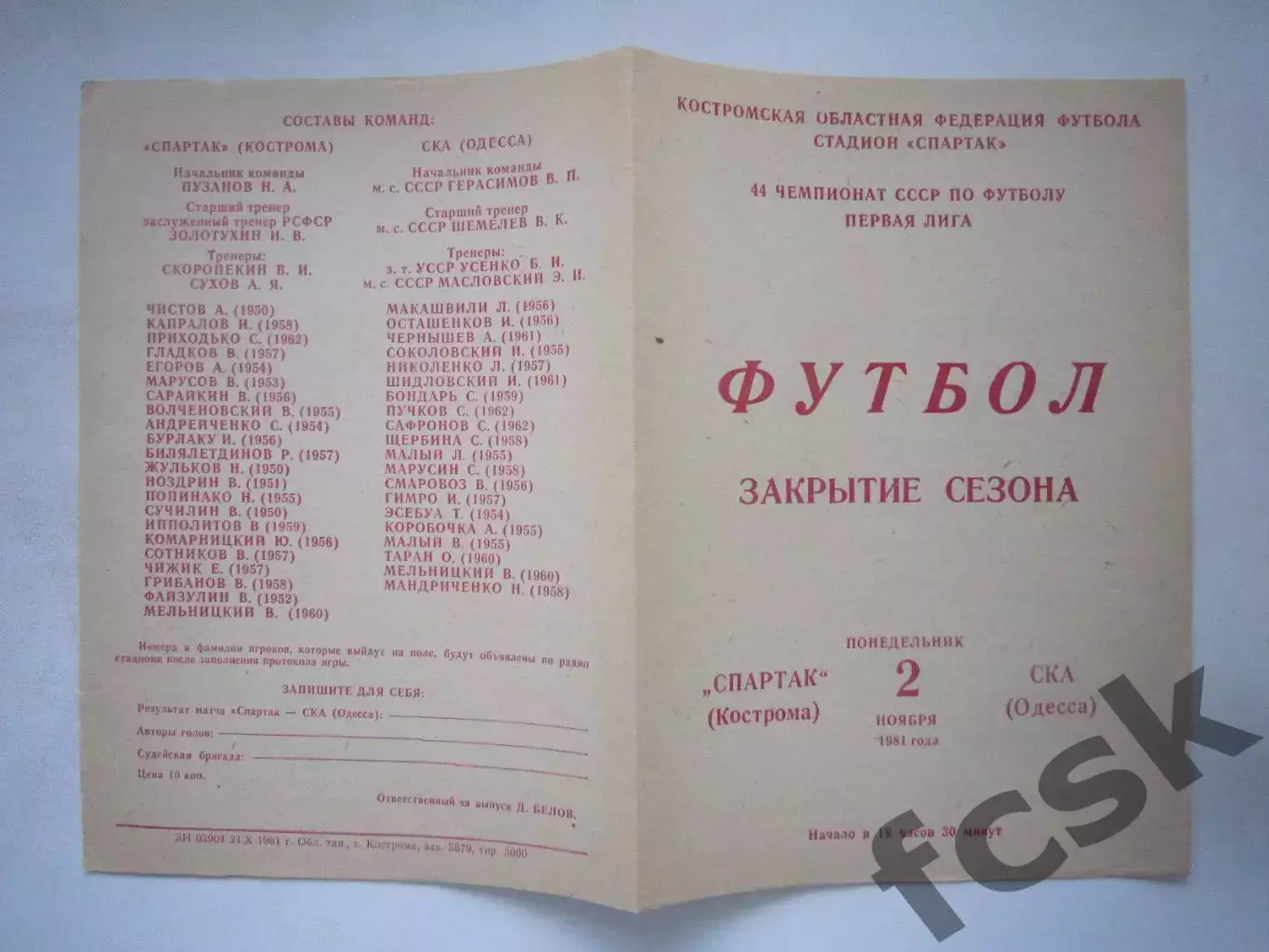 Спартак Кострома - СКА Одесса 1981 (Ч)