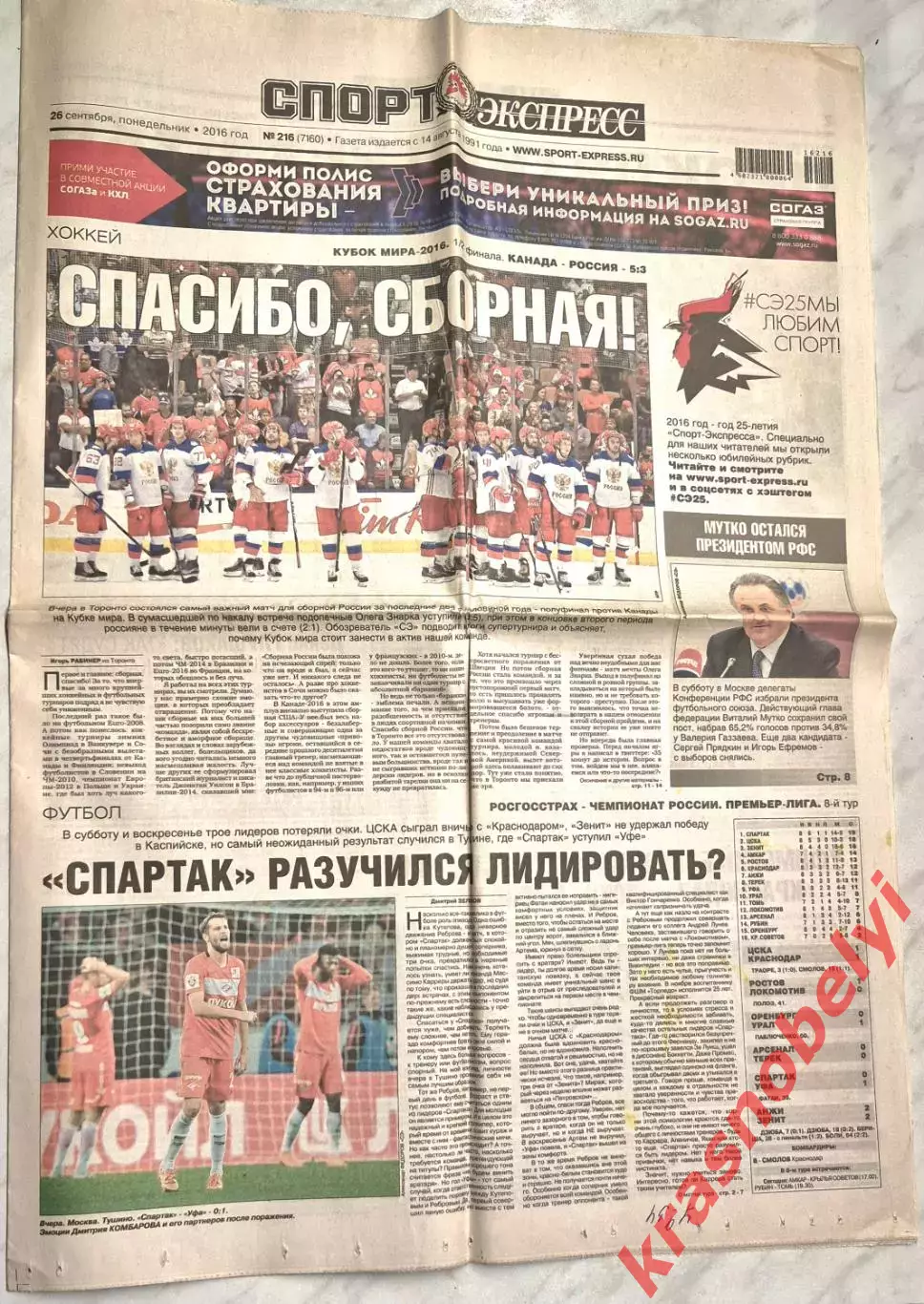 26 сентября, № 216. 2016 год. Кубок Мира по хоккею Канада-Россия