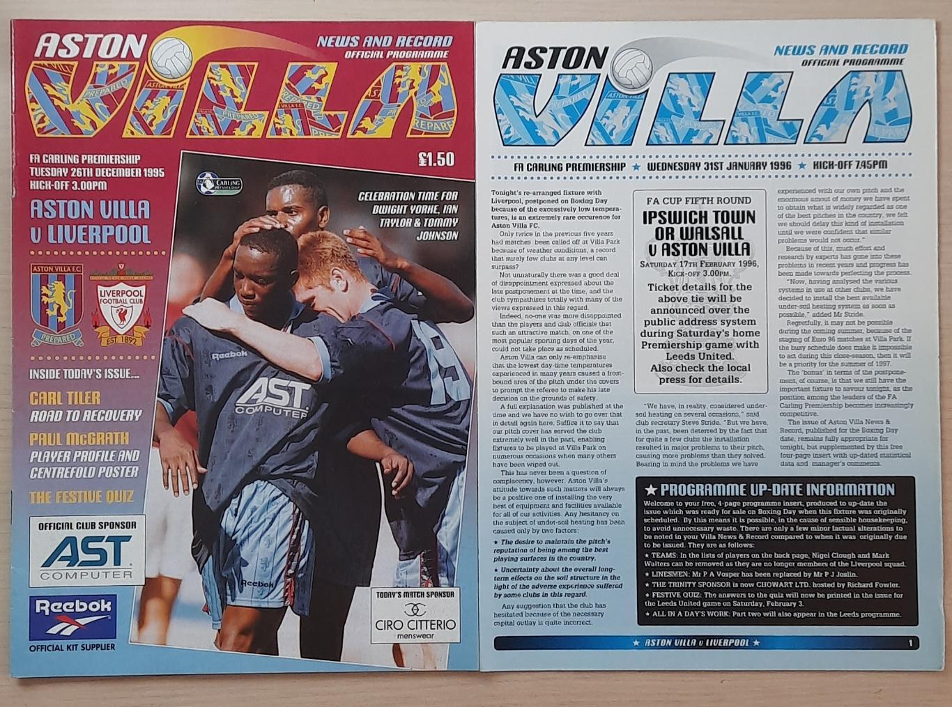 2 программы с матча АстонВилла - Ливерпуль сезона 1995/96