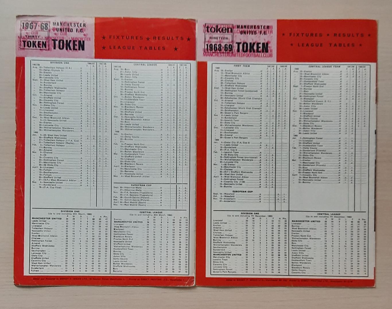 2 программы с матчей Манчестер Юнайтед - Ливерпуль сезонов 1967/68 и 1968/69 1