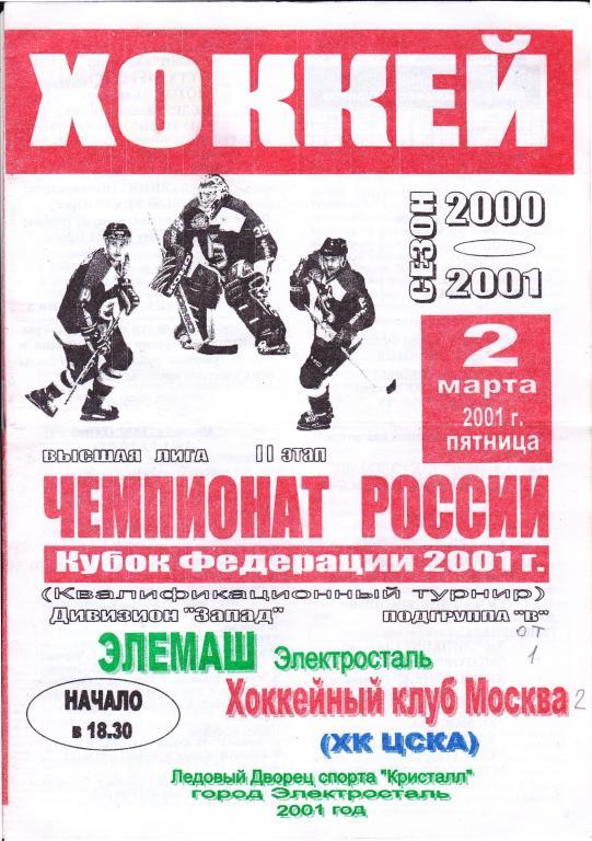 Элемаш (Электросталь) - ХК Москва (ЦСКА) 02.03.2001