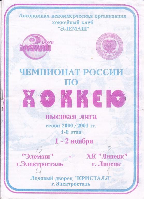 Элемаш (Электросталь) - ХК Липецк 1,2.11.2000