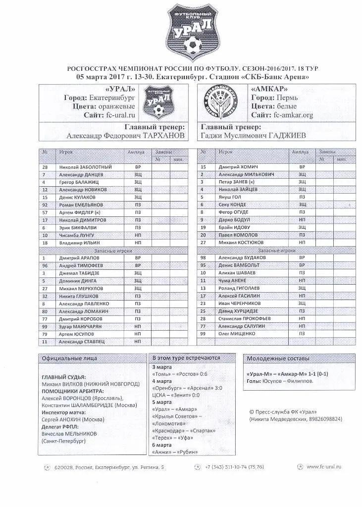 Урал - Амкар 2017
