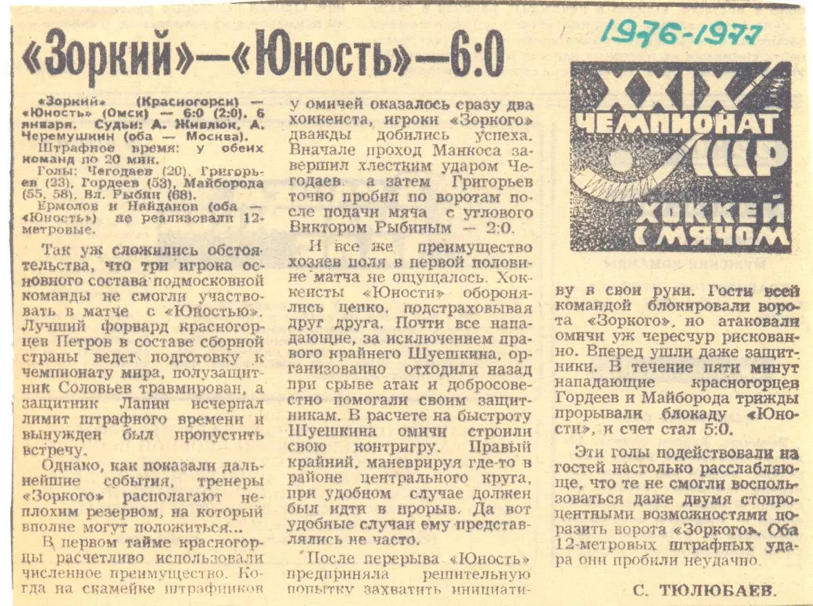 Зоркий - Юность Омск 1976/1977