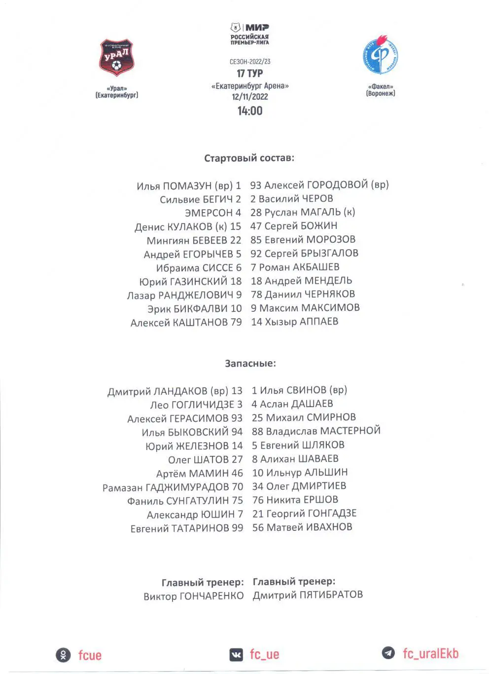 Урал - Факел (протокол) 2022