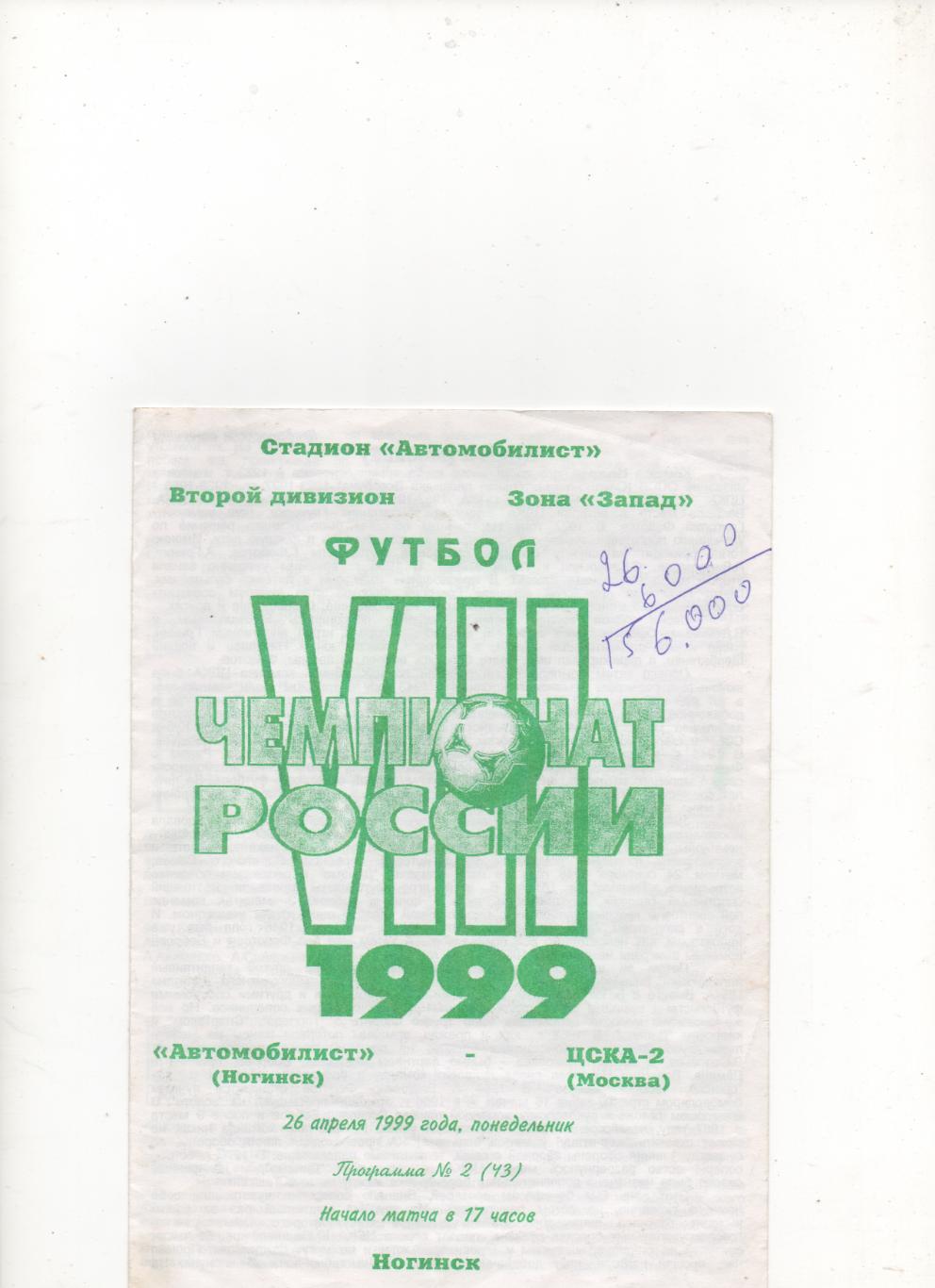 Автомобилист (Ногинск) - ЦСКА-2 (Москва) - 1999.