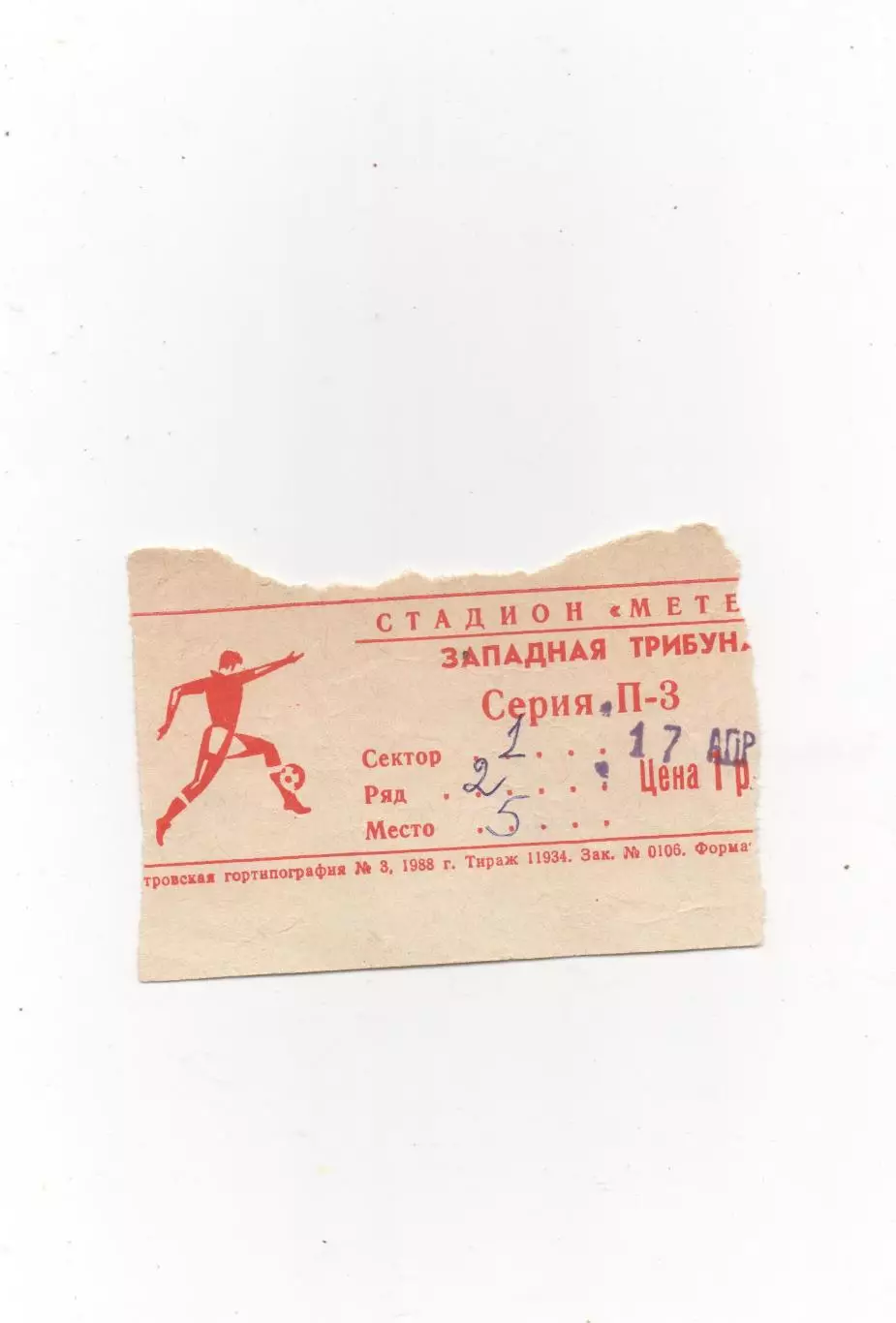Днепр (Днепропетровск) - Спартак (Москва) - 17. 04. 1988. Билет.