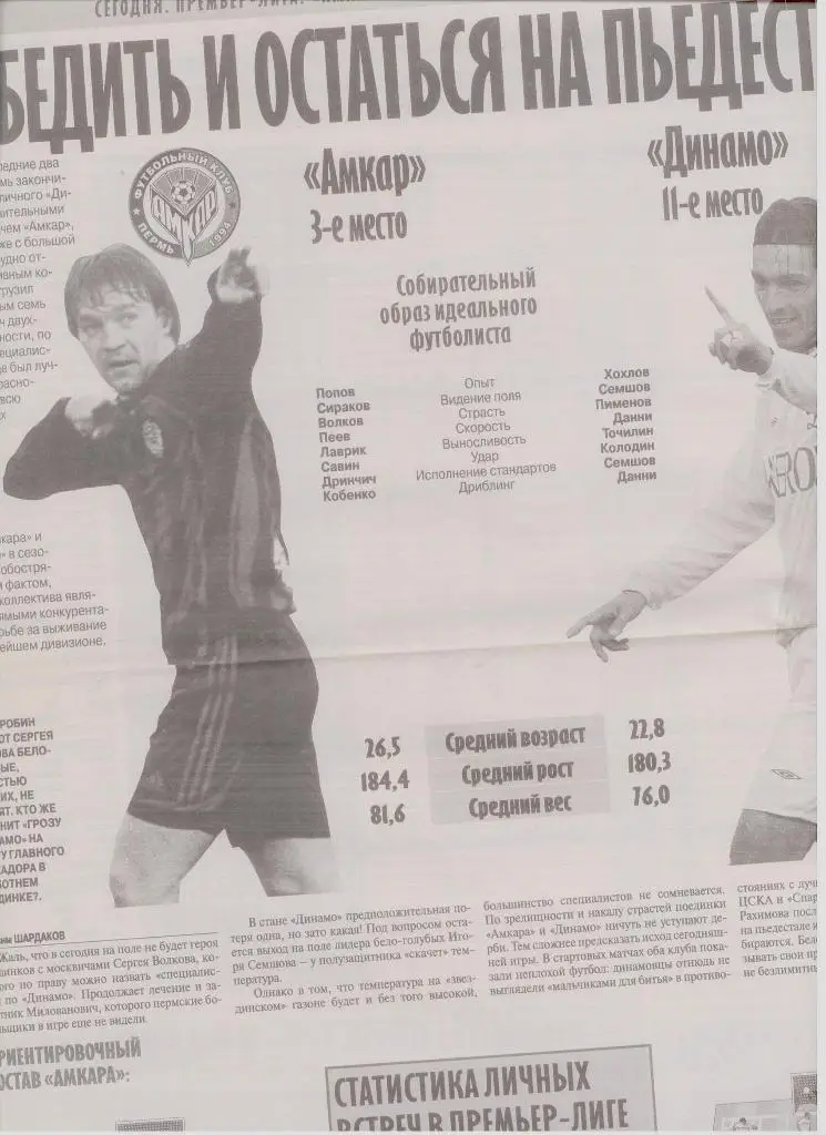 Газетная публикация: Амкар - Динамо (Москва)
