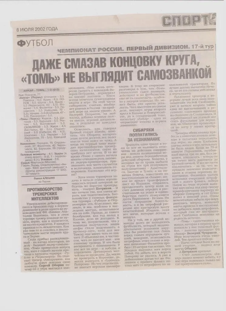 Публикация о пермском футболе