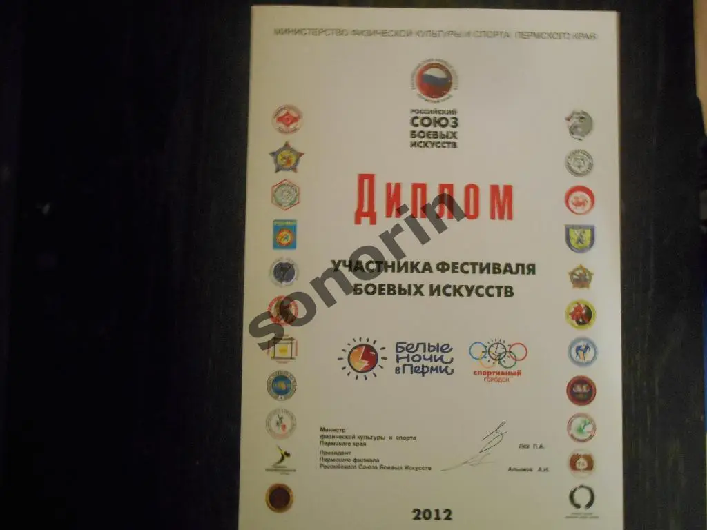 Диплом участника фестиваля боевых искусств 2012