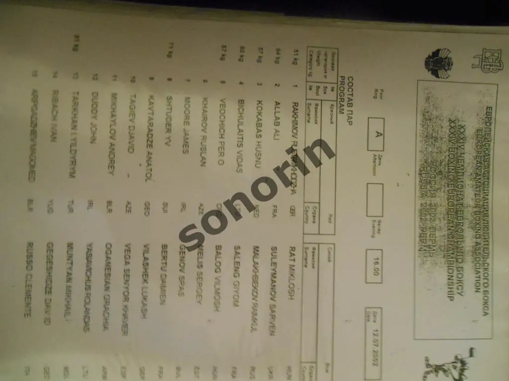 Пермь. Чемпионат Европы по боксу. Протокол. 2002