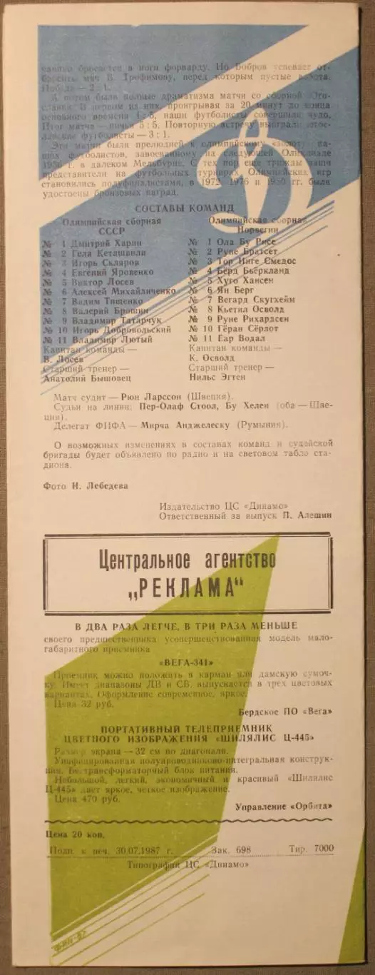 12.08.1987 сборная СССР - сборная Норвегии отборочный матч Олимпийских игр 1