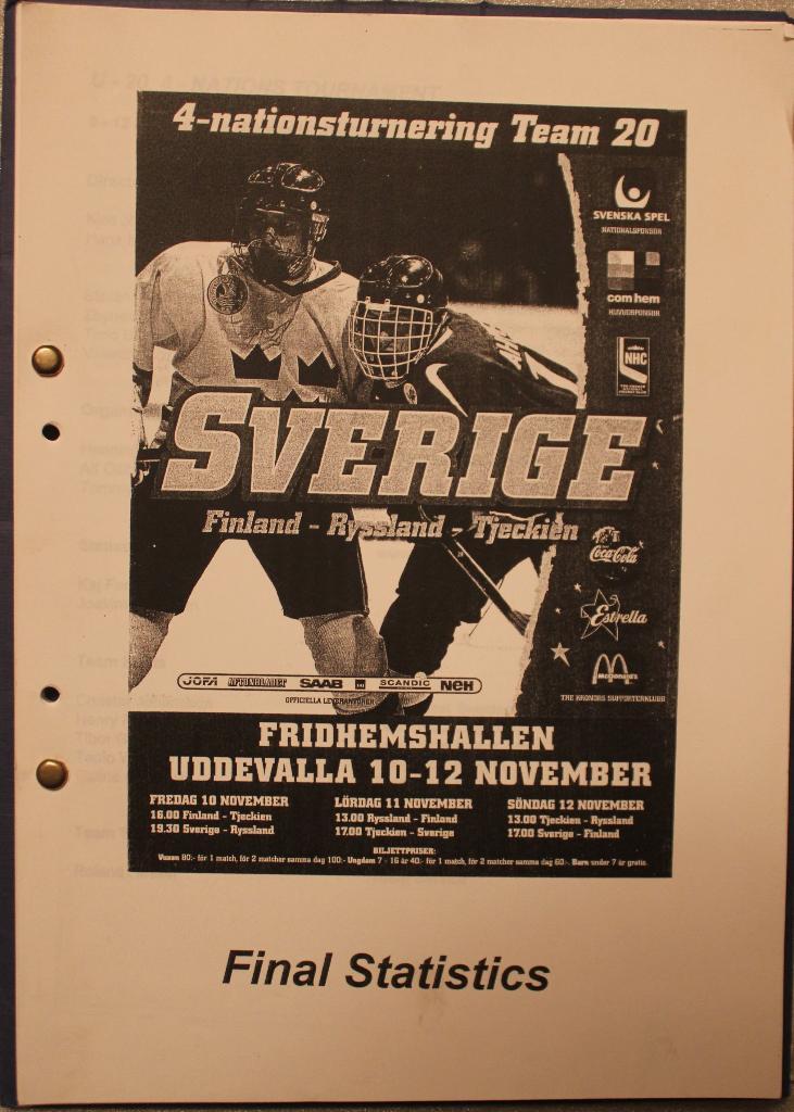 Хоккей. Итоговая статистика Турнира 4-х наций 10-12.11.2000 Швеция, Уддевалла