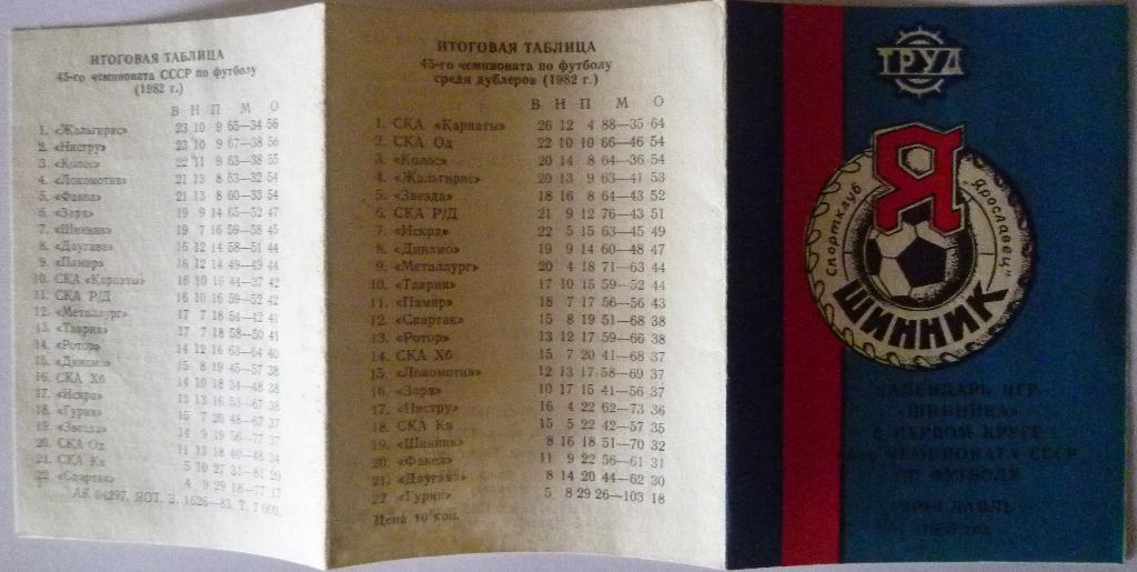 Футбол. Календарь Шинник (Ярославль) 1983 1-й круг