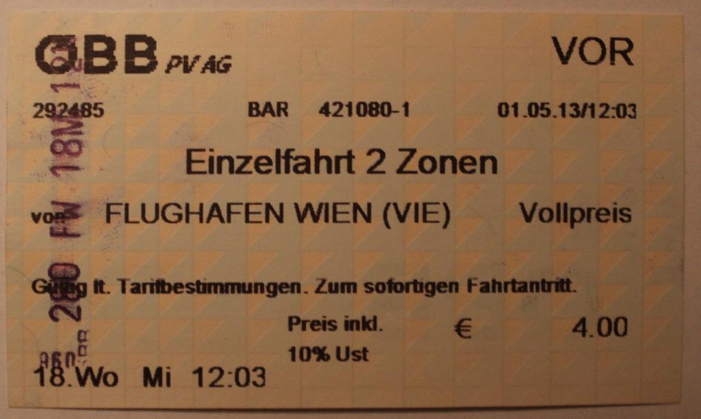 Билет на электричку из аэропорта Вены (Австрия)