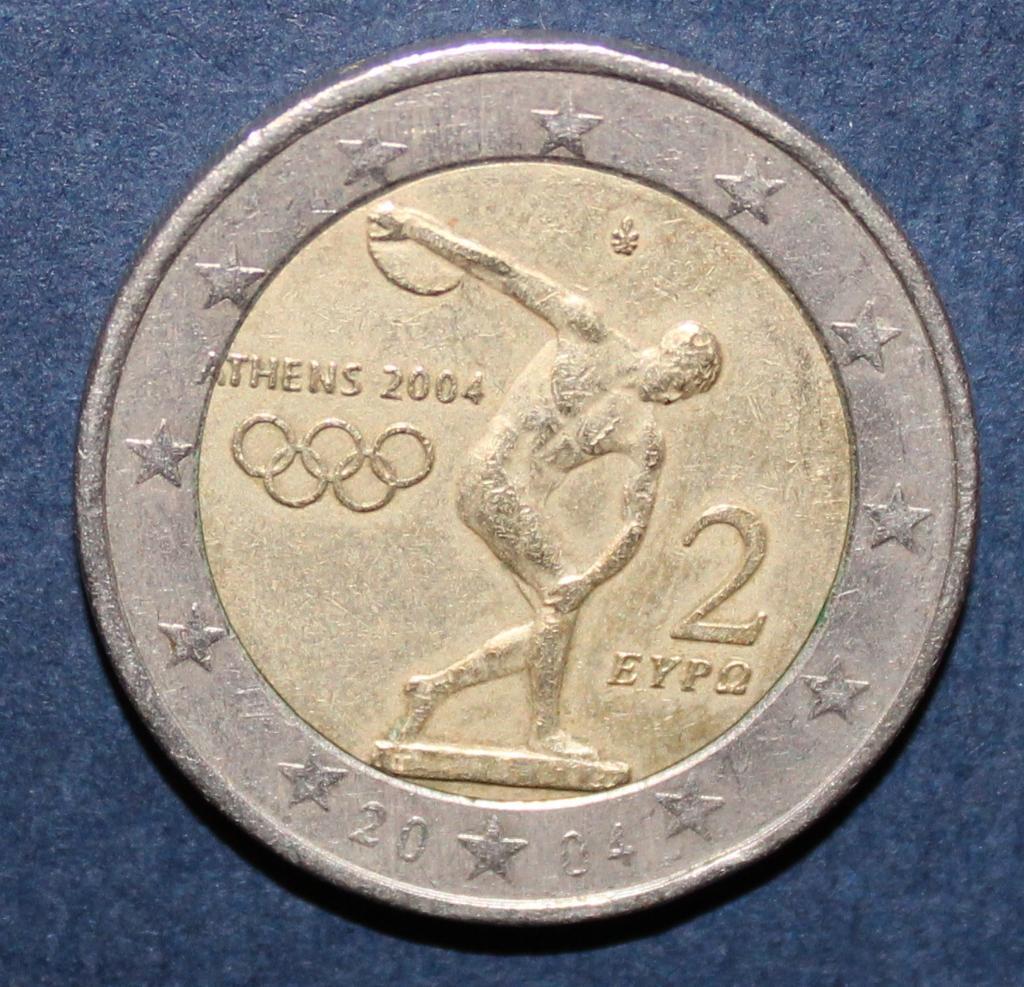 Первая юбилейная монета 2 евро, биметалл, Греция 2004 Олимпийские игры, Афины
