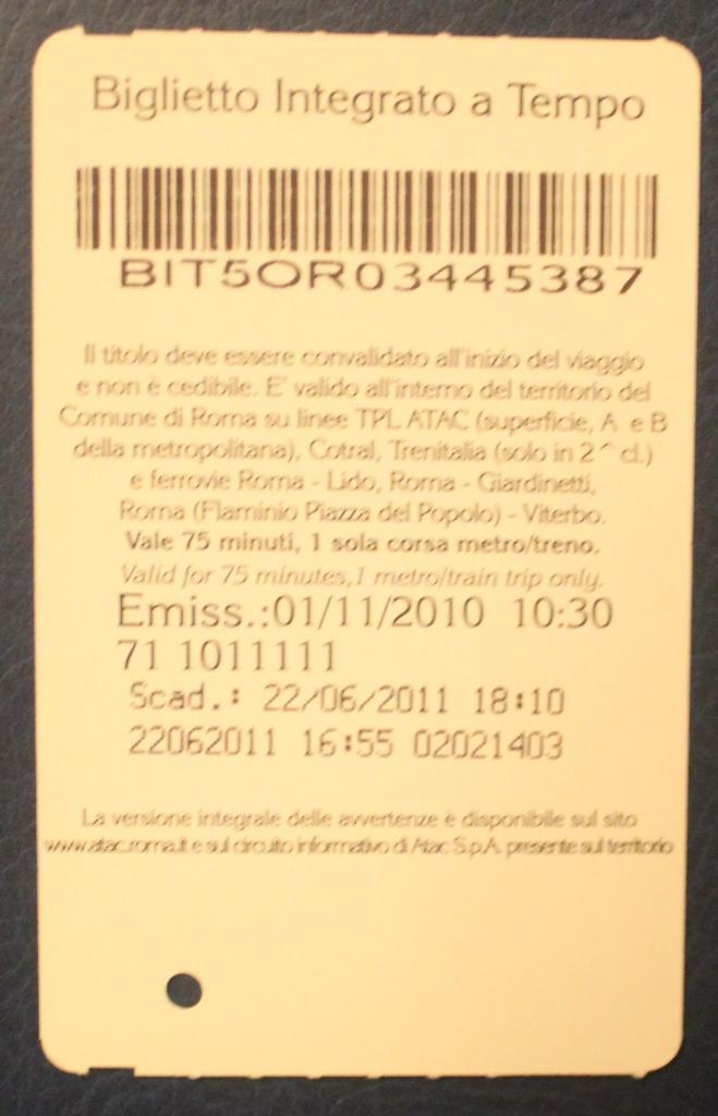 Билет на метро Рима (Италия) 1