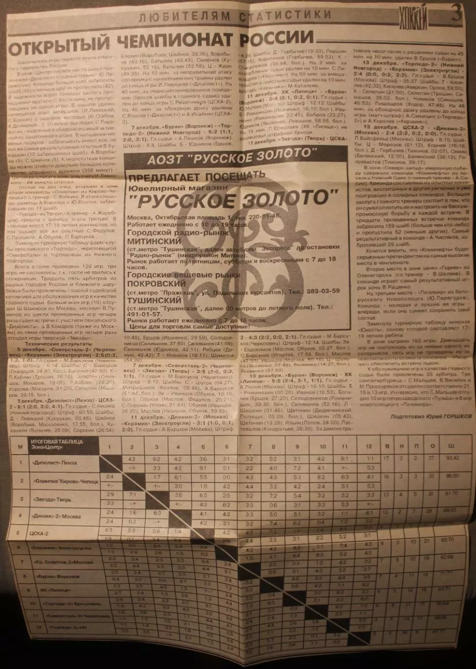 На экваторе Кубка МХЛ и открытого чемпионата России Хоккей декабрь 1992 2