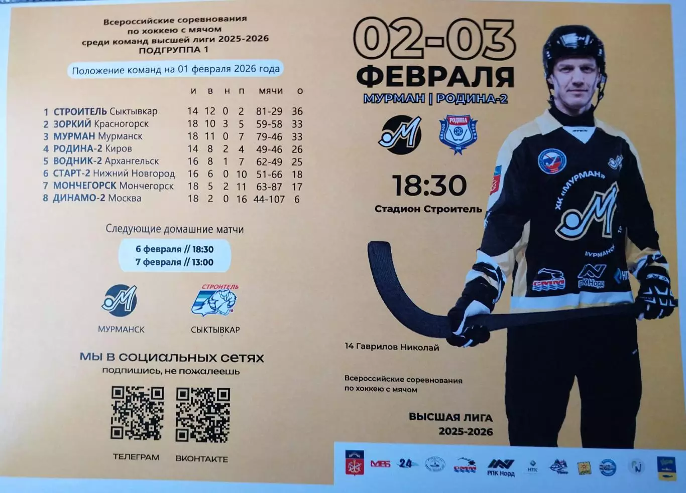 Мурман (Мурманск) - Родина-2 (Киров). 2-3.02.2026. Хоккей с мячом. Высшая лига