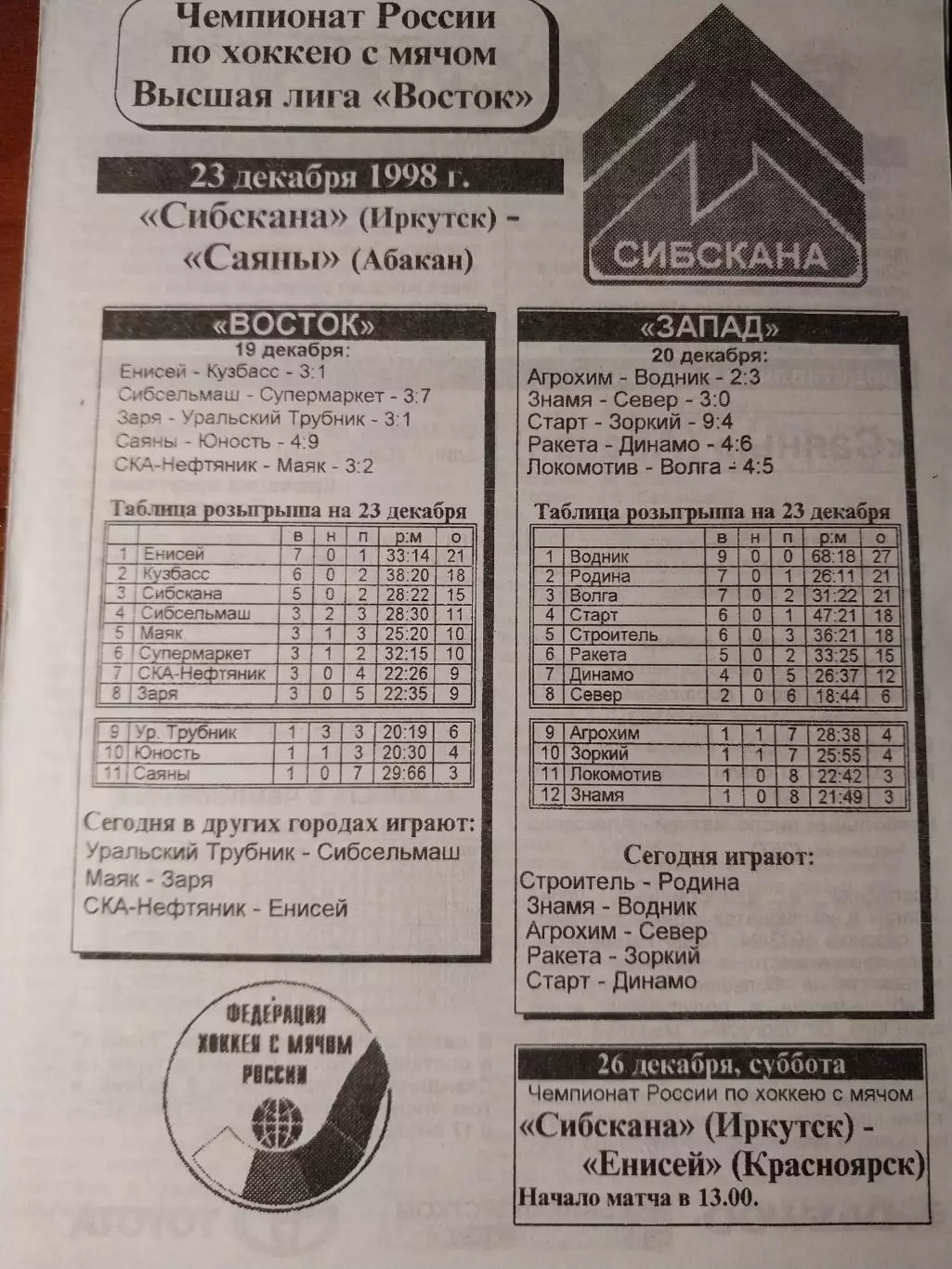 Сибскана Иркутск - Саяны Абакан 23.12.1998 Хоккей с мячом