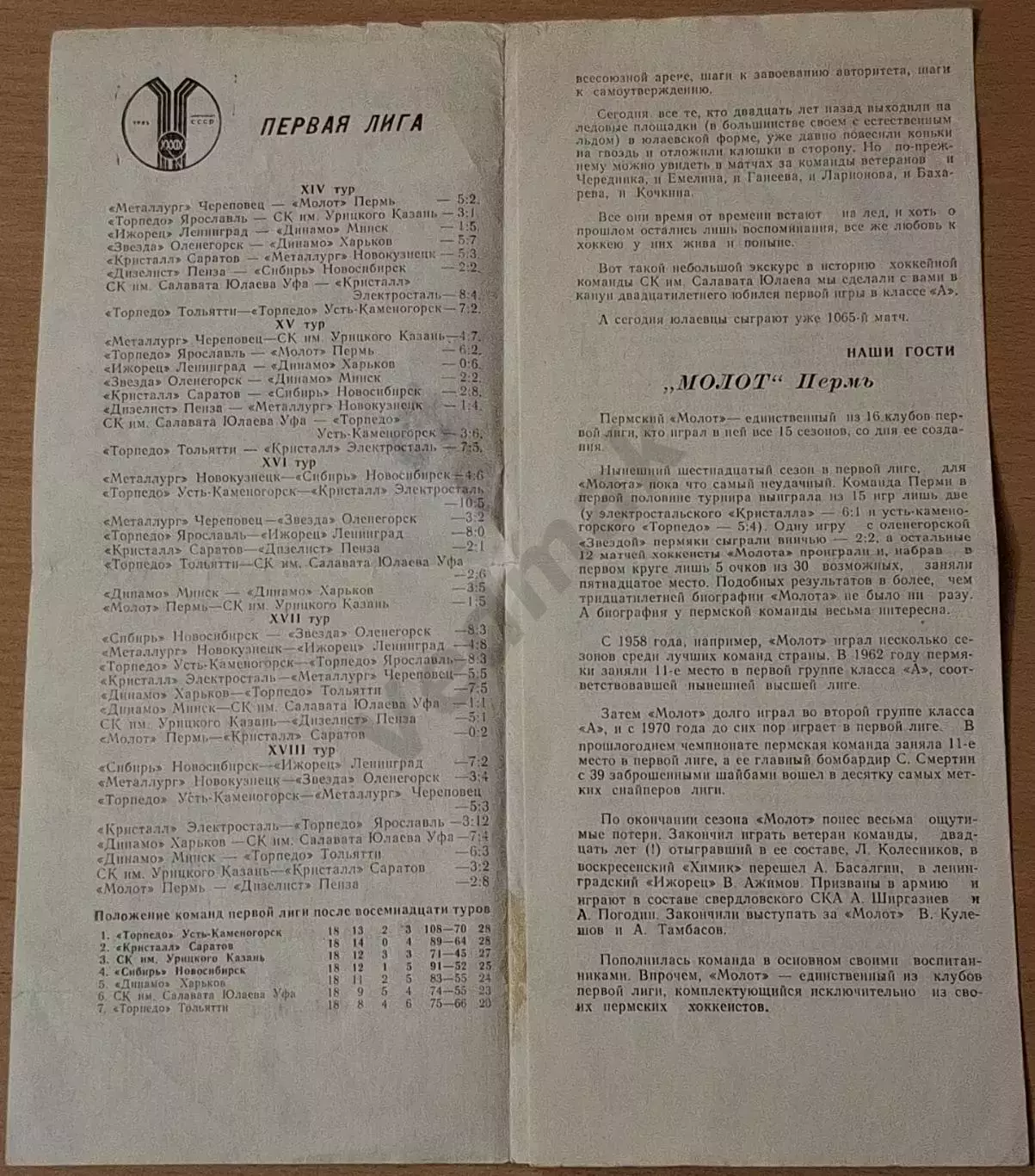 ск. им. САЛАВАТА ЮЛАЕВА Уфа - МОЛОТ Пермь г. Уфа 1984 г 2
