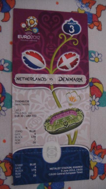 Билет с матча Евро-12, матч №3 Голландия Дания