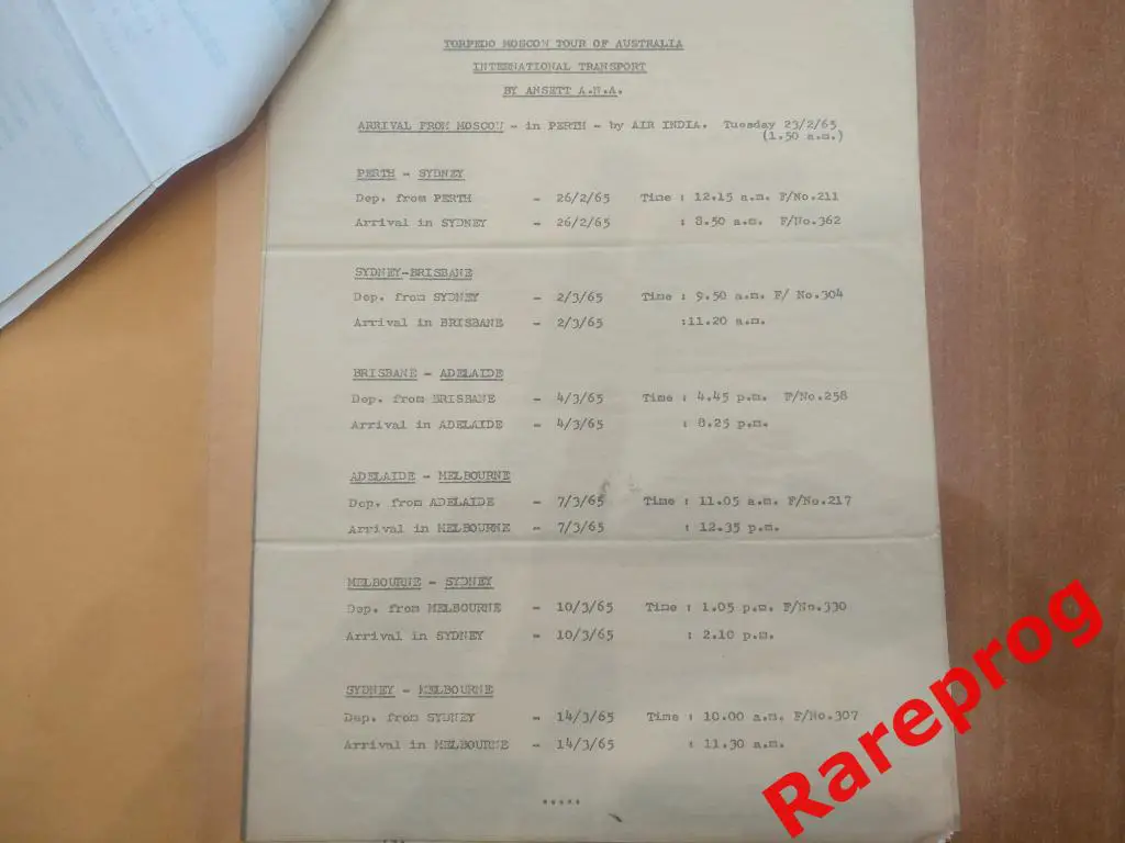 официальная программа турне Торпедо Москва СССР по Австралии 1965 1