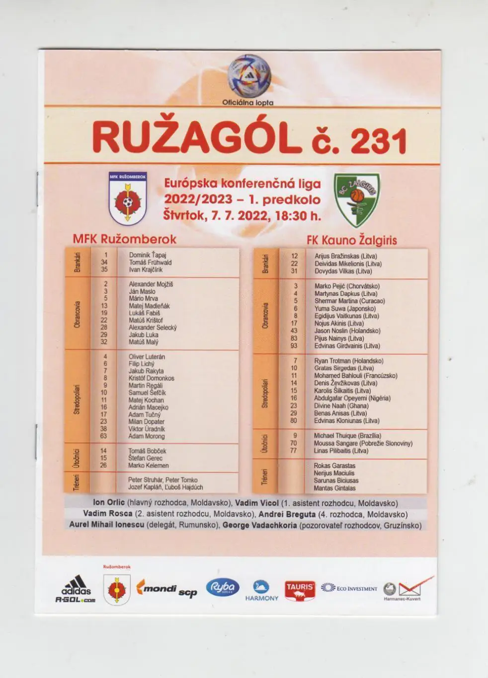 Ружомберок Словакия - Жальгирис Каунас Литва 2022 кубок ЛК УЕФА