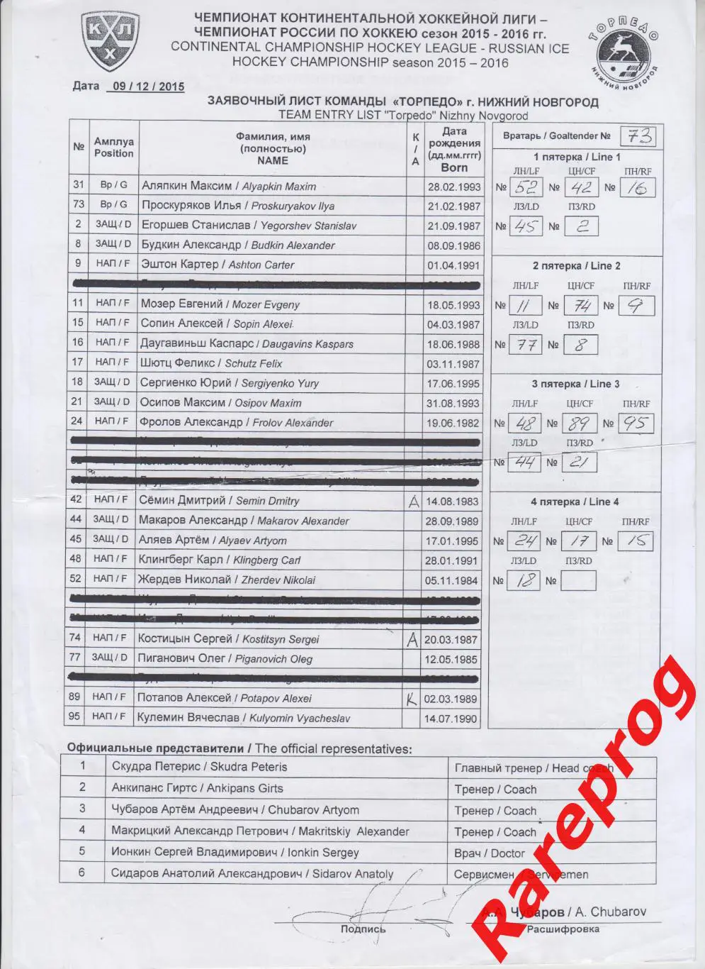 протокол - Торпедо Нижний Новгород - Северсталь Череповец - 09.12 2015