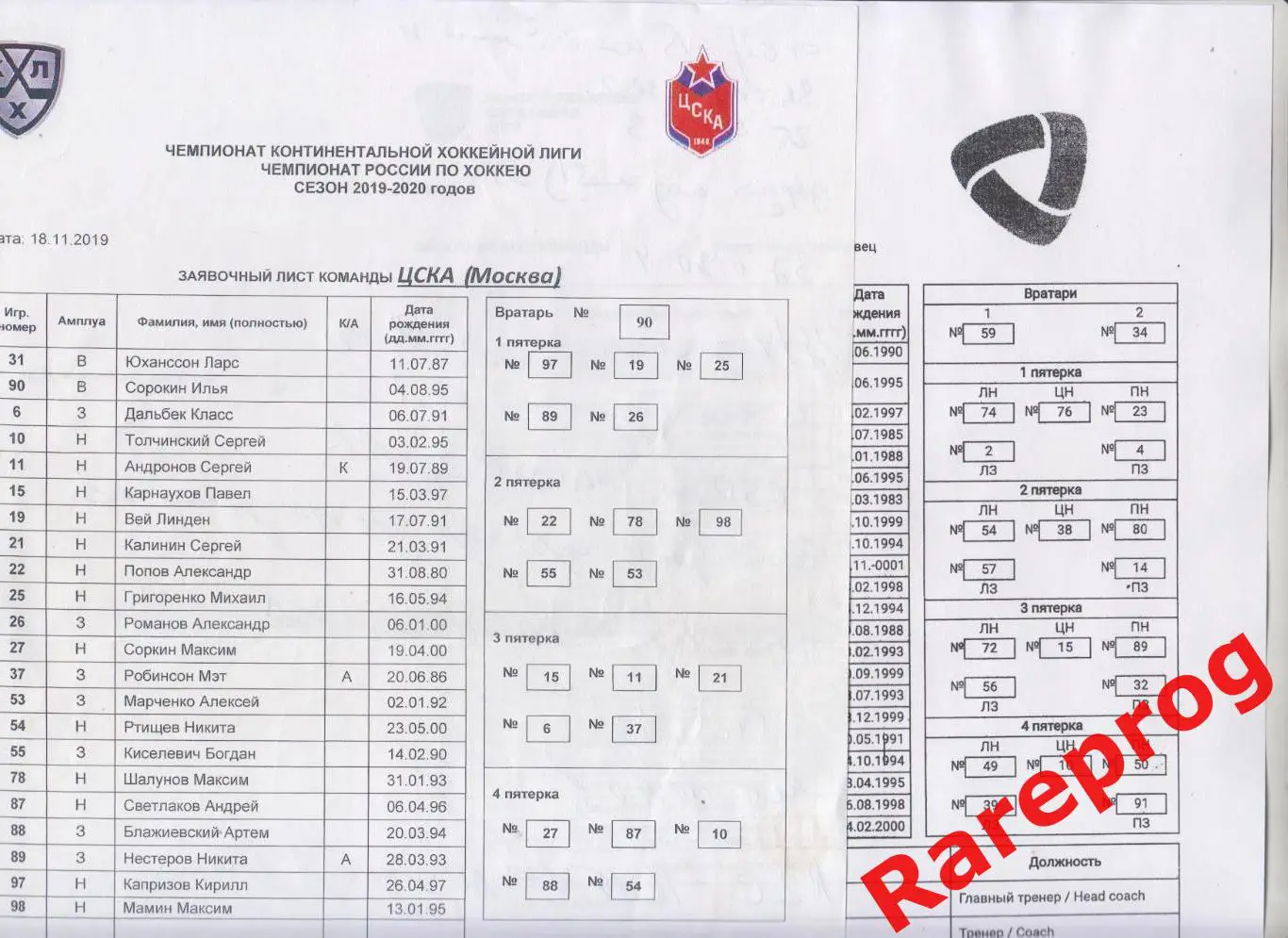 протокол - ЦСКА Москва - Северсталь Череповец - 18.11 2019