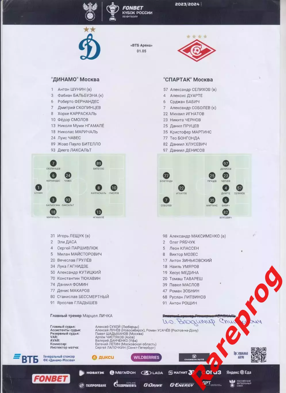 протокол - Динамо - Москва - Спартак 01.05 2024 кубок России
