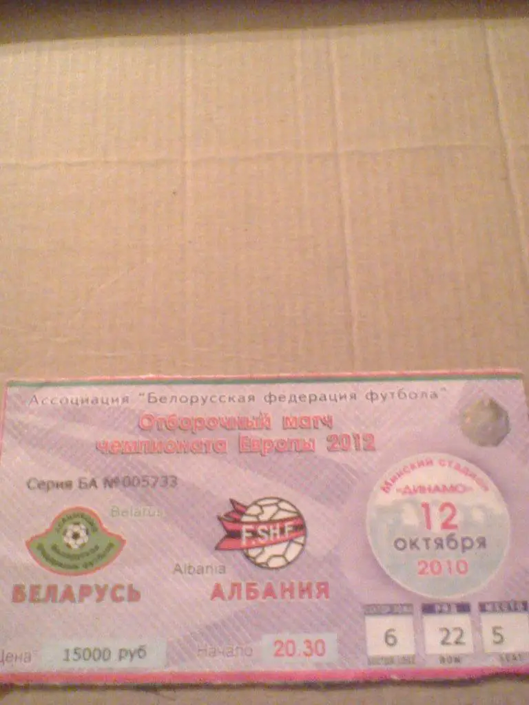 БИЛЕТ С МАТЧА БЕЛАРУСЬ--АЛБАНИЯ-2010