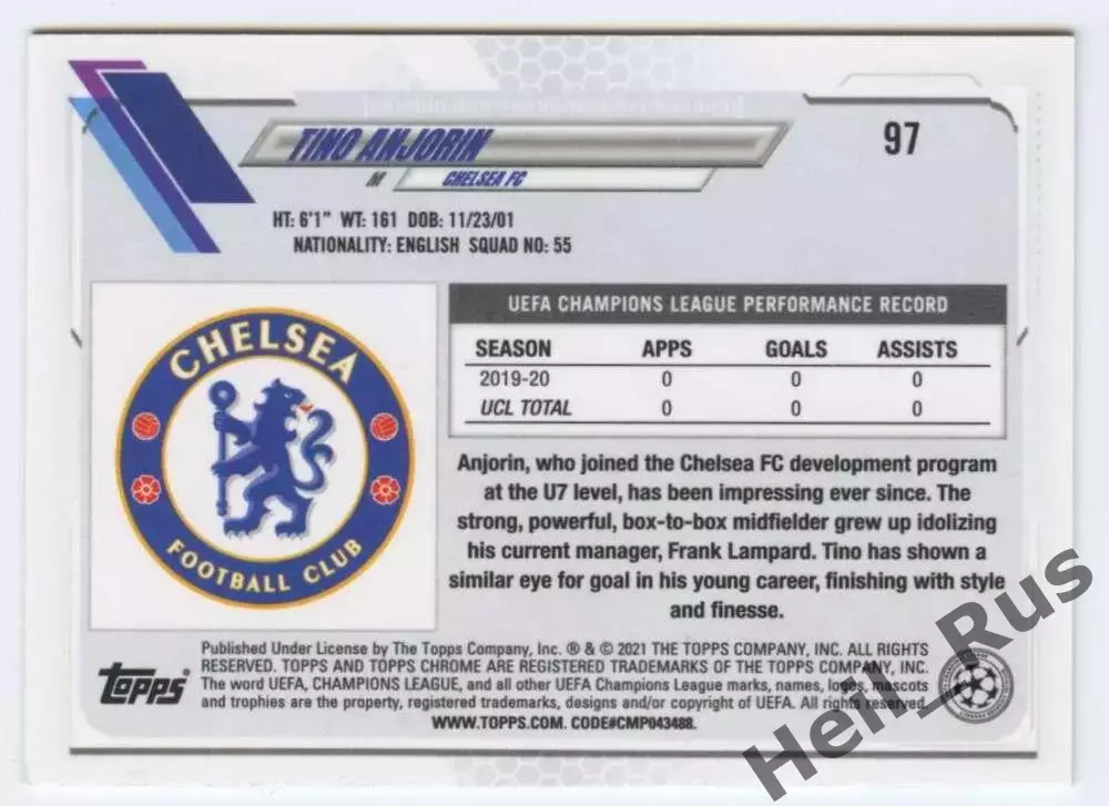 Карточка Тино Анджорин (Челси, Локомотив Москва, Эмполи) Лига Чемпионов 2020-21 1