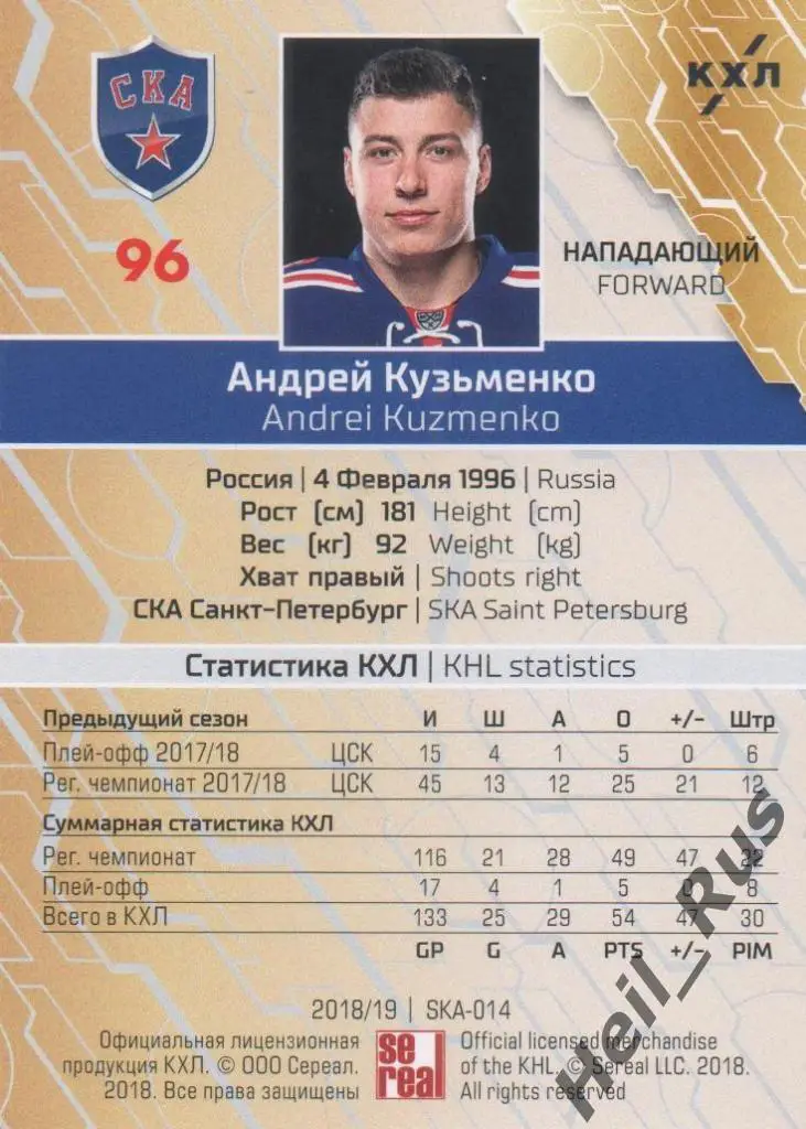 Хоккей. Карточка Андрей Кузьменко (СКА Санкт-Петербург) КХЛ сезон 2018/19 SeReal 1