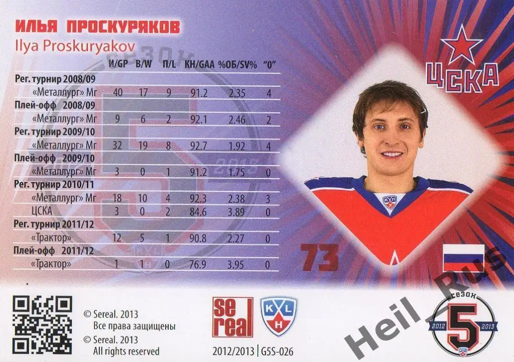 Хоккей. Карточка Илья Проскуряков (ЦСКА Москва) КХЛ/KHL сезон 2012/13 SeReal 1