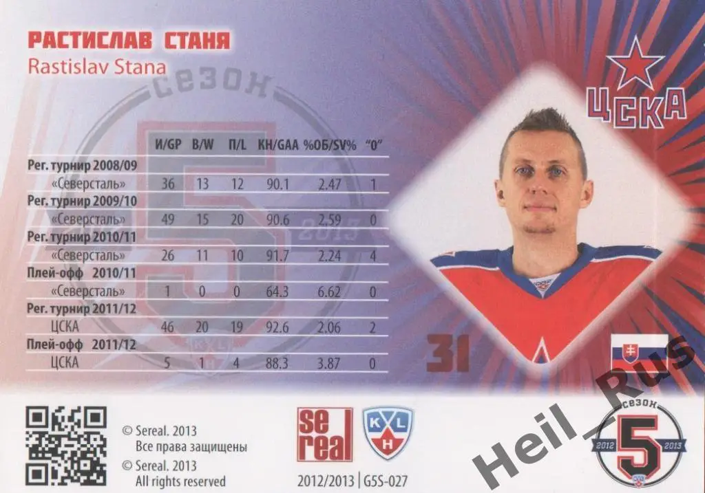 Хоккей. Карточка Растислав Станя (ЦСКА Москва) КХЛ/KHL сезон 2012/13 SeReal 1