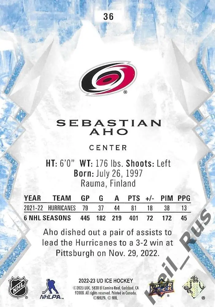 Хоккей Карточка Sebastian Aho/Себастьян Ахо Carolina Hurricanes/Каролина НХЛ-NHL 1