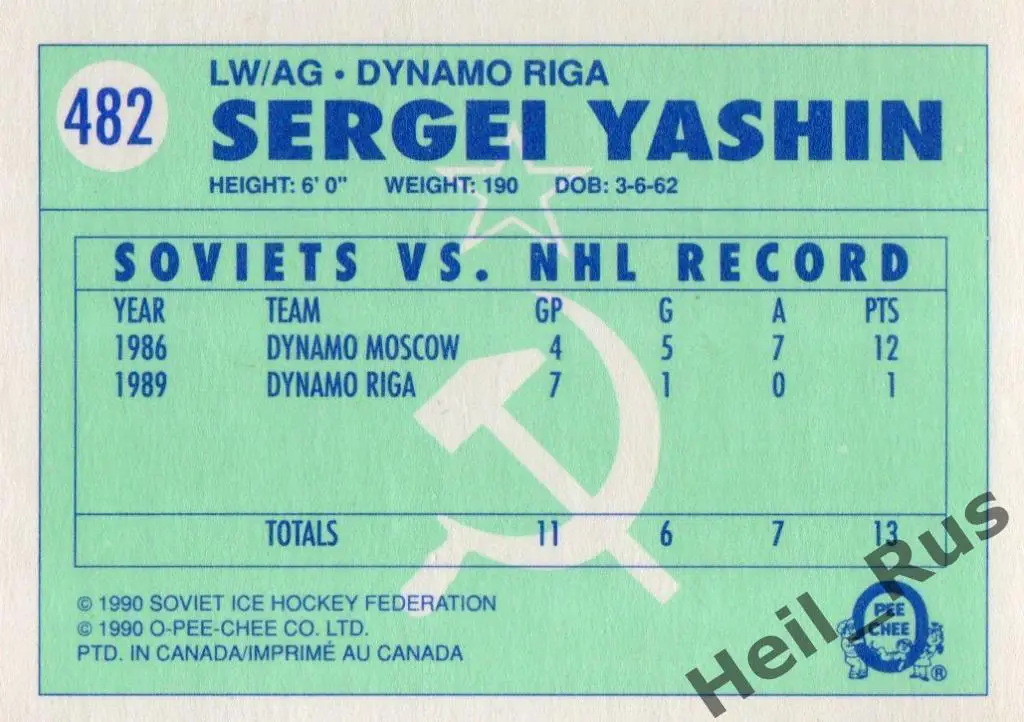 Хоккей. Карточка Сергей Яшин (Динамо Рига/Москва, Дизелист, СКА, Нефтехимик) НХЛ 1