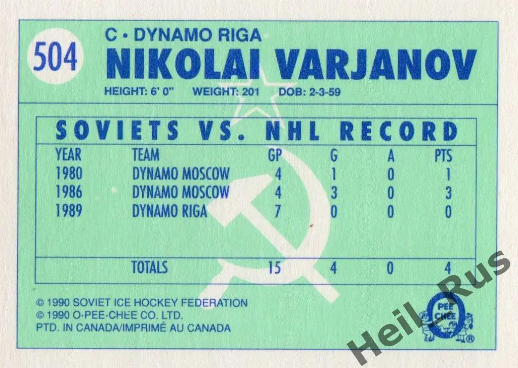 Хоккей. Карточка Николай Варянов Динамо Рига/Москва, Автомобилист Свердловск НХЛ 1