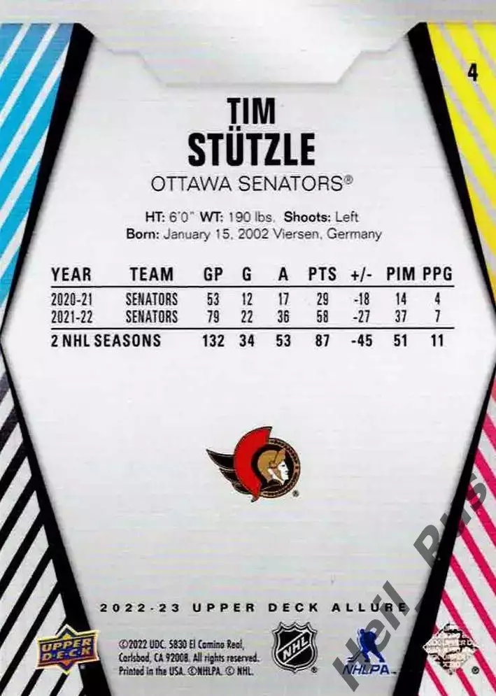 Хоккей; Карточка Tim Stutzle/Тим Штюцле Ottawa Senators/Оттава Сенаторз НХЛ/NHL 1