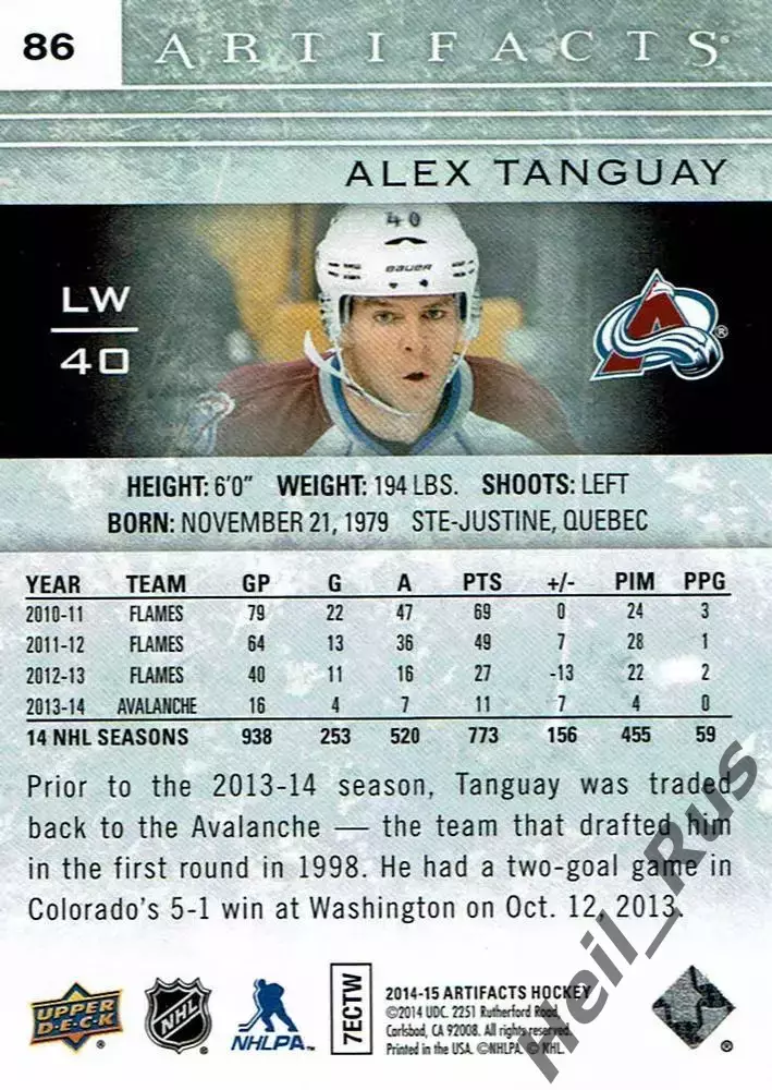 Карточка Alex Tanguay/Алекс Тангуэй Colorado Avalanche/Колорадо Эвеланш НХЛ/NHL 1