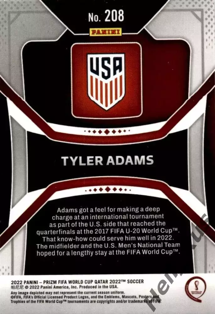 Карточка Тайлер Адамс (USA/США, РБ Лейпциг, Лидс, Борнмут) Чемпионат Мира 2022 1