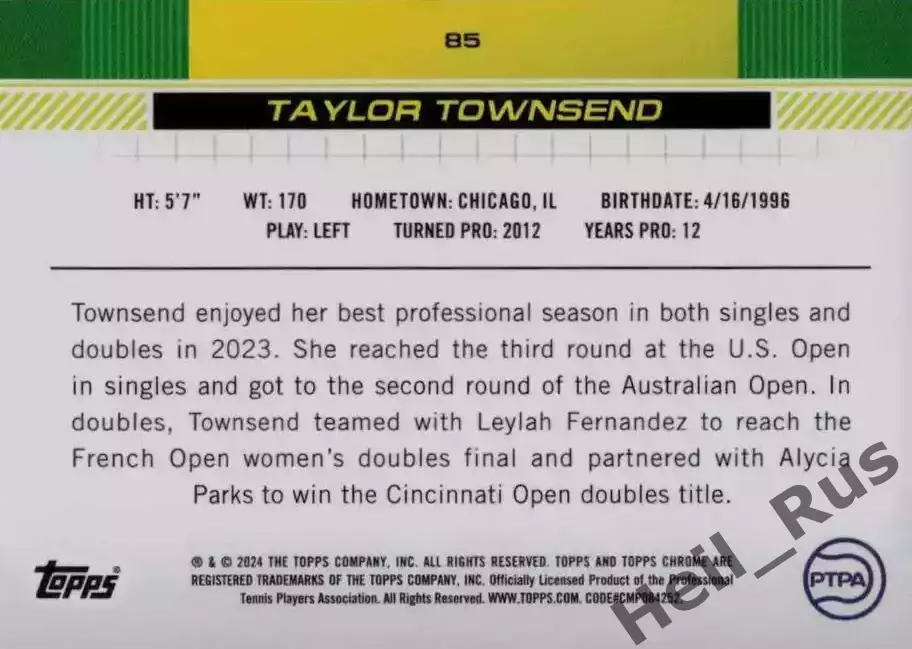 Теннис. Карточка Taylor Townsend/Тэйлор Таунсенд (USA/США) 2024 TOPPS 1