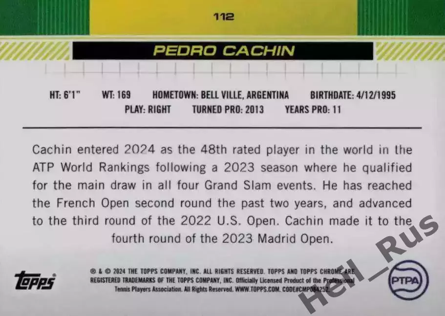 Теннис. Карточка Pedro Cachin/Педро Качин (Аргентина) 2024 TOPPS 1