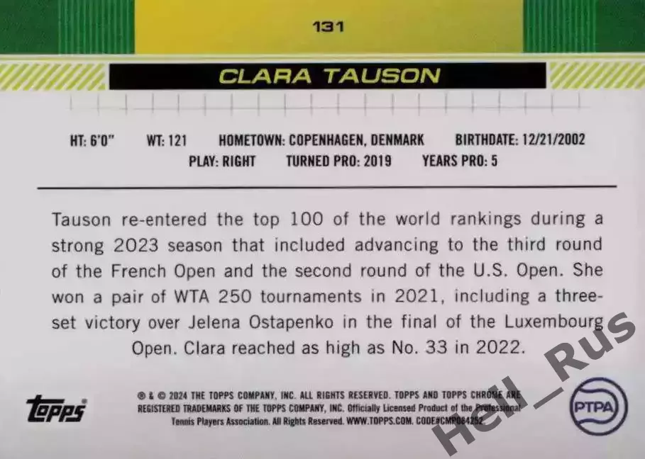 Теннис. Карточка Clara Tauson/Клара Таусон (Дания) 2024 TOPPS 1