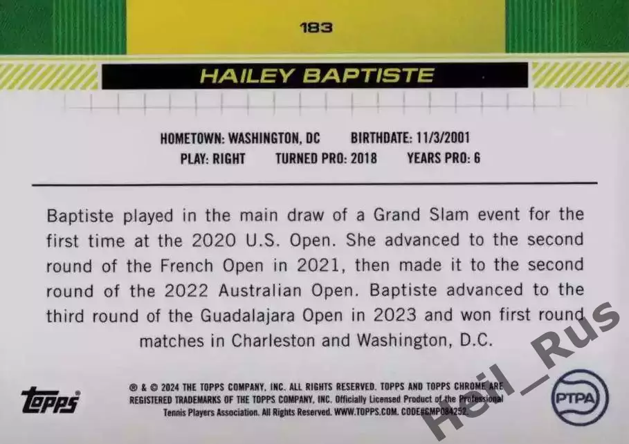 Теннис. Карточка Hailey Baptiste/Хейли Баптист (USA/США) 2024 TOPPS 1